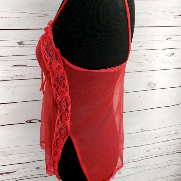 Berkliff Women's Red Lace Split Sides Baby Doll Nightie Top Size Medium - Picture 3 of 9